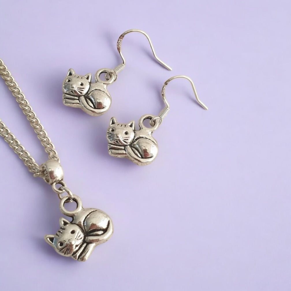 Cat Charm Jewellery Set, Dangly Earring And Necklace Set In Gift Bag, Cord Or Chain Options, Cat Lover