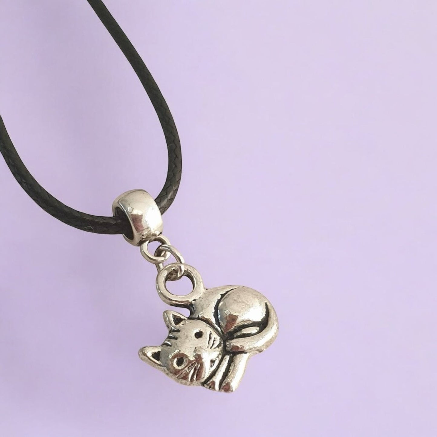 Cat Charm Necklace Silver Plated Or Waxed Cord Variable Lengths, Gift Packaged