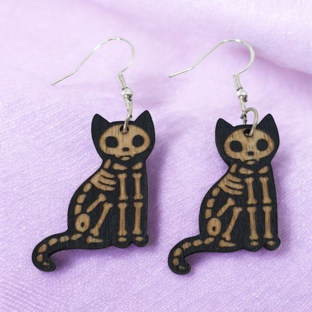 Wooden Skeleton Cat Dangly Earrings