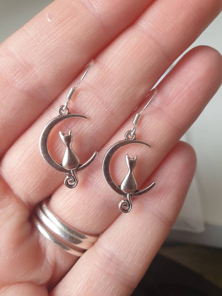 Cat And Moon Charm Earrings, Gifts For Her, Animal Lover, Moon Lover, Fun Jewellery, Celestial