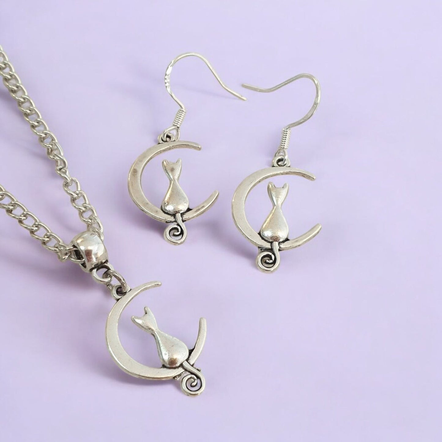 Cat And Moon Charm Necklace Silver Plated Or Waxed Cord Variable Lengths, Gift Packaged