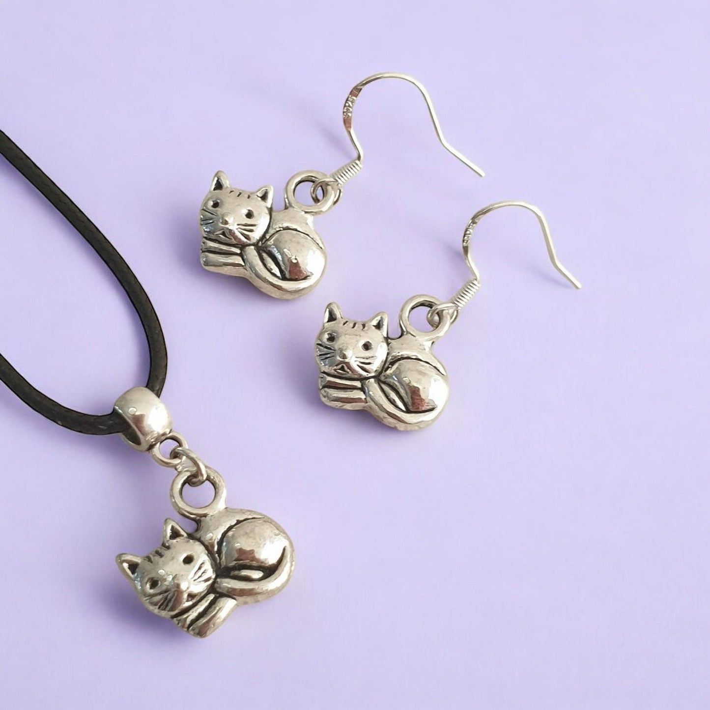 Cat Charm Jewellery Set, Dangly Earring And Necklace Set In Gift Bag, Cord Or Chain Options, Cat Lover