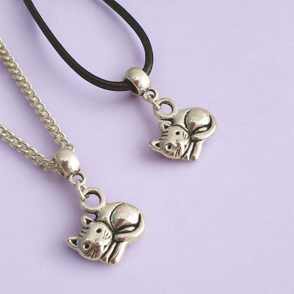 Cat Charm Necklace Silver Plated Or Waxed Cord Variable Lengths, Gift Packaged