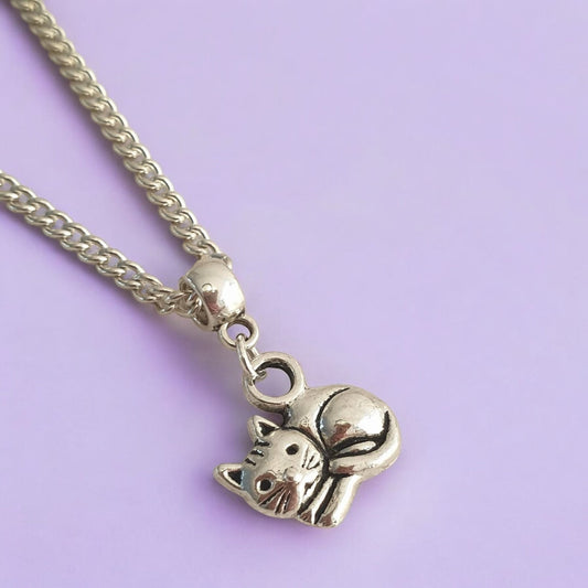 Cat Charm Necklace Silver Plated Or Waxed Cord Variable Lengths, Gift Packaged