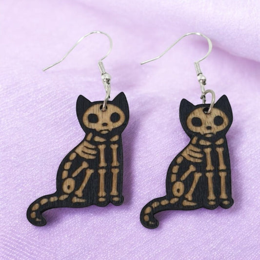 Wooden Skeleton Cat Dangly Earrings